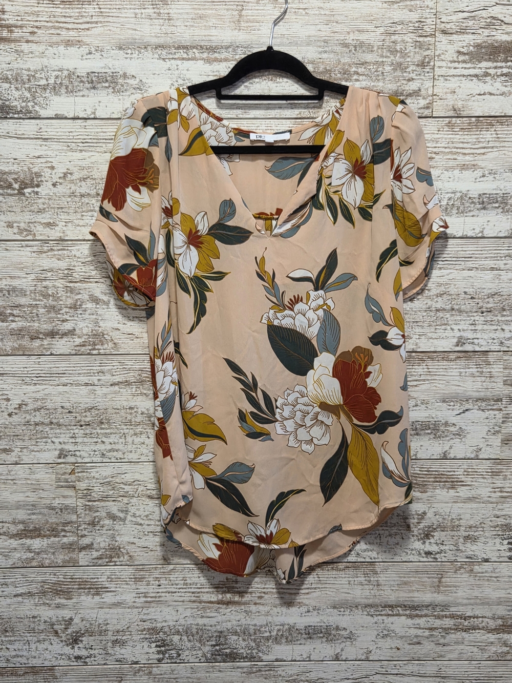 DR2 Peach Floral V-Neck Short Sleeve Blouse